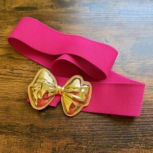 Vintage Stretchy Bright Pink Belt with Gold Brass Bow  Buckle